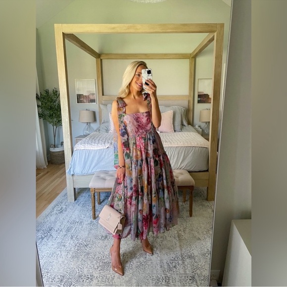 NEW Anthropologie BHLDN Isabella Floral Tiered Square Neck Midi Dress Pink - Picture 3 of 9